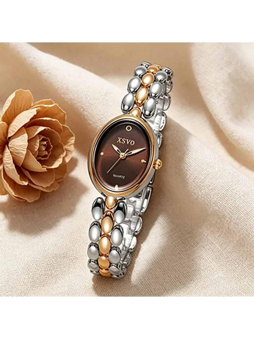 Women’s Two Color Brown Lightweight Oval Dial Quartz Analog Elegant Wrist Watch